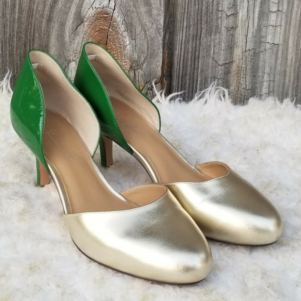 Green & Gold Heels Patent Metallic Leather Pumps TwoTone Shoes Prey Size EU 38.5